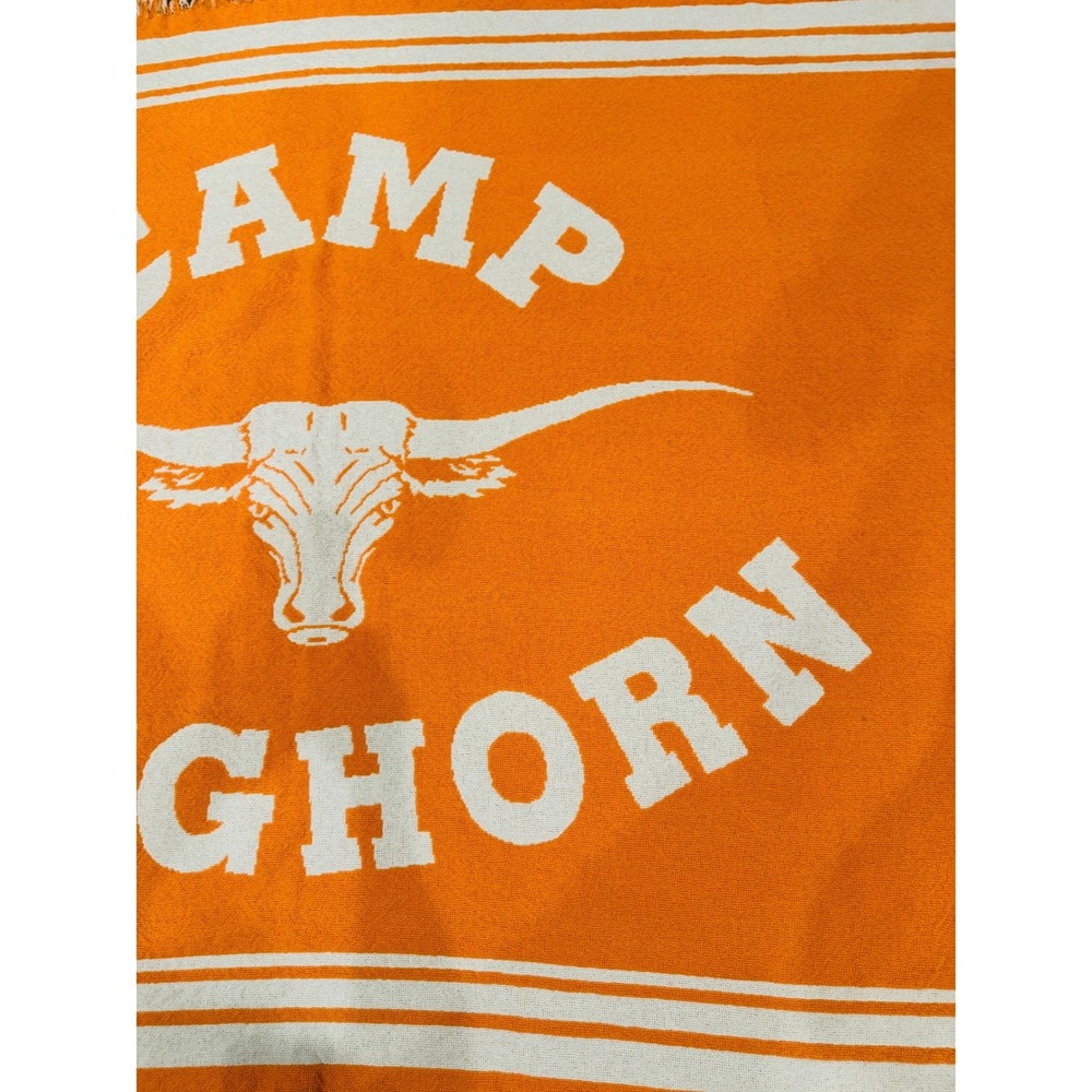 Camp Longhorn Longhorn Logo Woven Fringe Blanket Throw Orange 46x70 Texas Retro - Picture 7 of 8